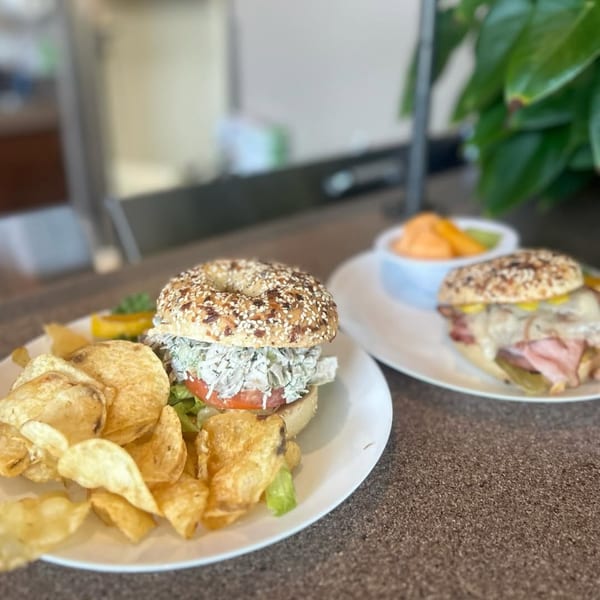 Two Bruchelle's Bagel Bistro sandwiches, one with chicken salad and chips, the other with meat and cheese.